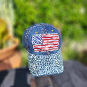 Women’s Bling Denim Patriotic Cap/Hat w/Crystal  Brim